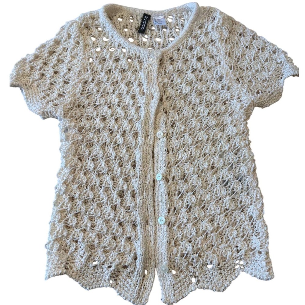 H&M Divided Cream Crochet Short Sleeve Cardigan Button Front Scallop Hem XXS
